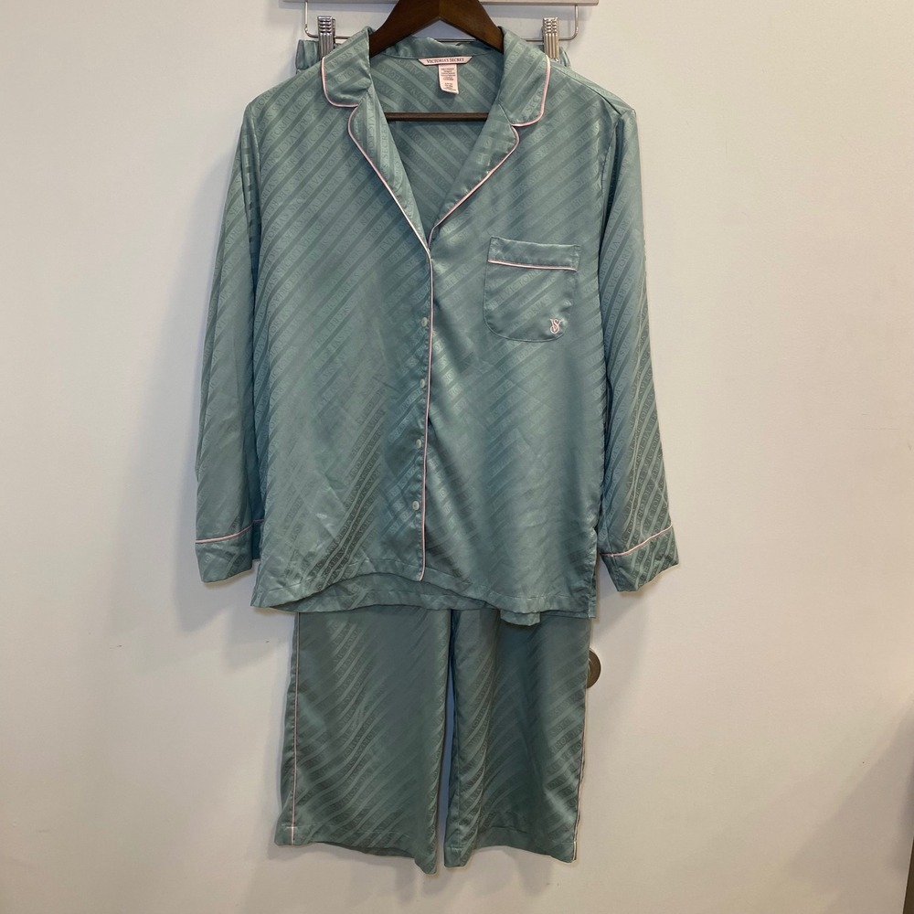 Victoria's Secret Women Pajama Set S Green Satin Logo Stripe Coquette Sleepwear